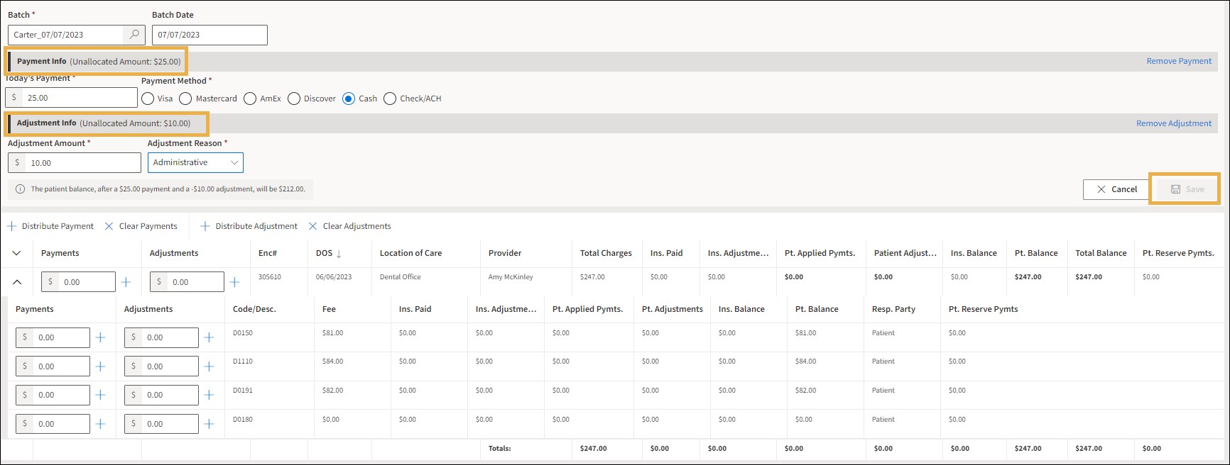 Payment and adjustment screen with yellow highlight boxes around unallocated payment and adjustment sections and the grey Save button.